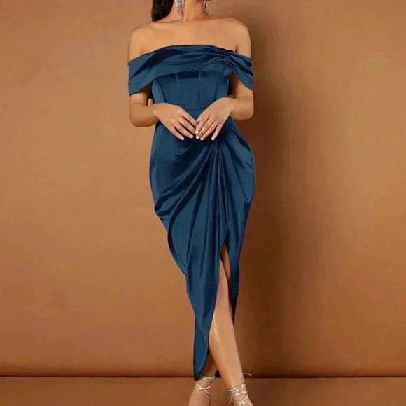 Blue Preppy Womens Off Shoulder Ruched Draped Asymmetrical Hem Dress - Picture 4 of 5